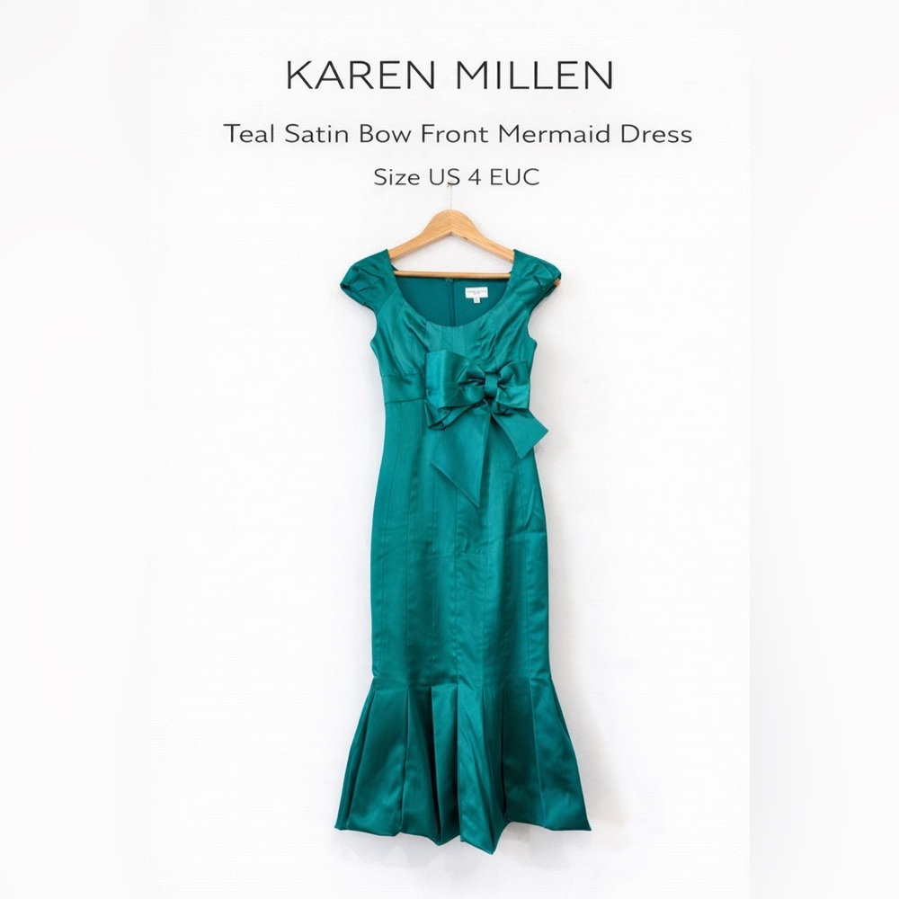 Karen Millen Teal Satin Bow Front Mermaid Dress Size US 4